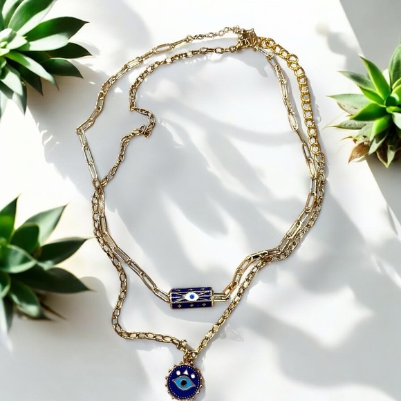 Gold toned and Blue Evil Eye Necklace Set Layer or wear alone - Picture 3 of 16